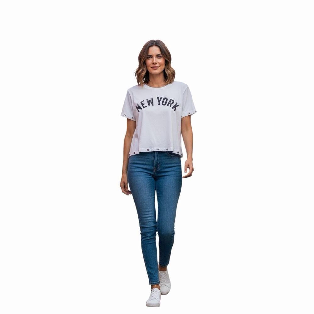 Vinyl Icons New York Graphic Crop Top TShirt Womens XL Grommet Eyelet White Edgy